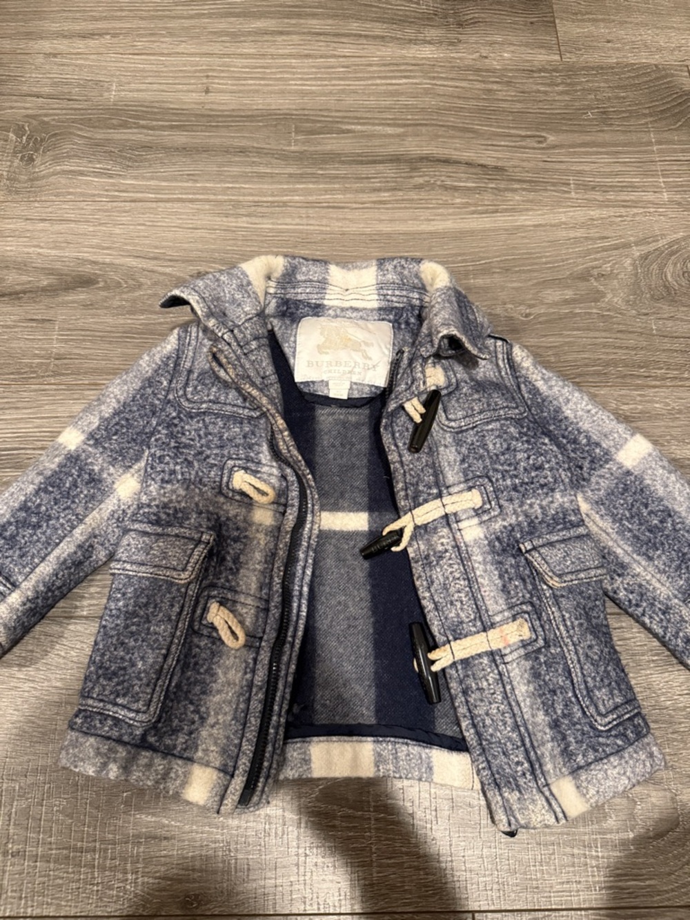 Burberry Kids Blue and Cream Plaid Toggle Pea Coat